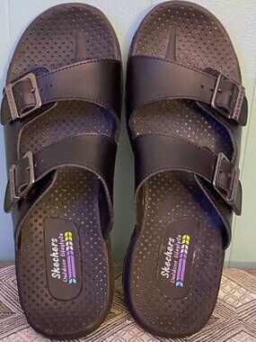 Skechers Outdoor Lifestyle Black Leather Double Strap Comfort Sandals Women's 11